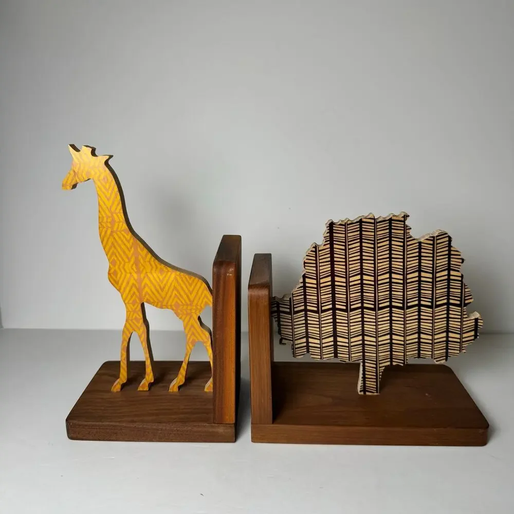 Wolfum Home Adornment Giraffe & Tree Wood Bookends Handmade Boho Mid Century